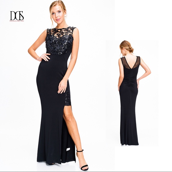 Sale ‼️EVE - Black Sequined Evening Gown w/ Slit - Picture 2 of 8